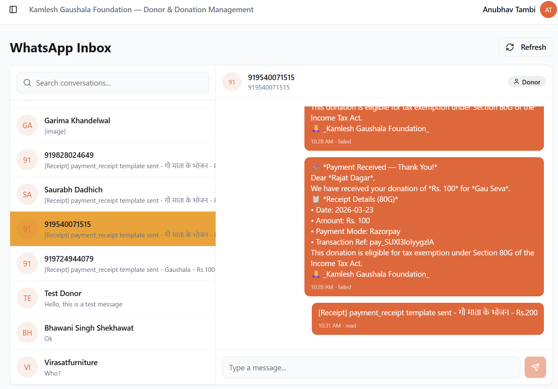WhatsApp Integration for NGO donor communication showing real-time messaging